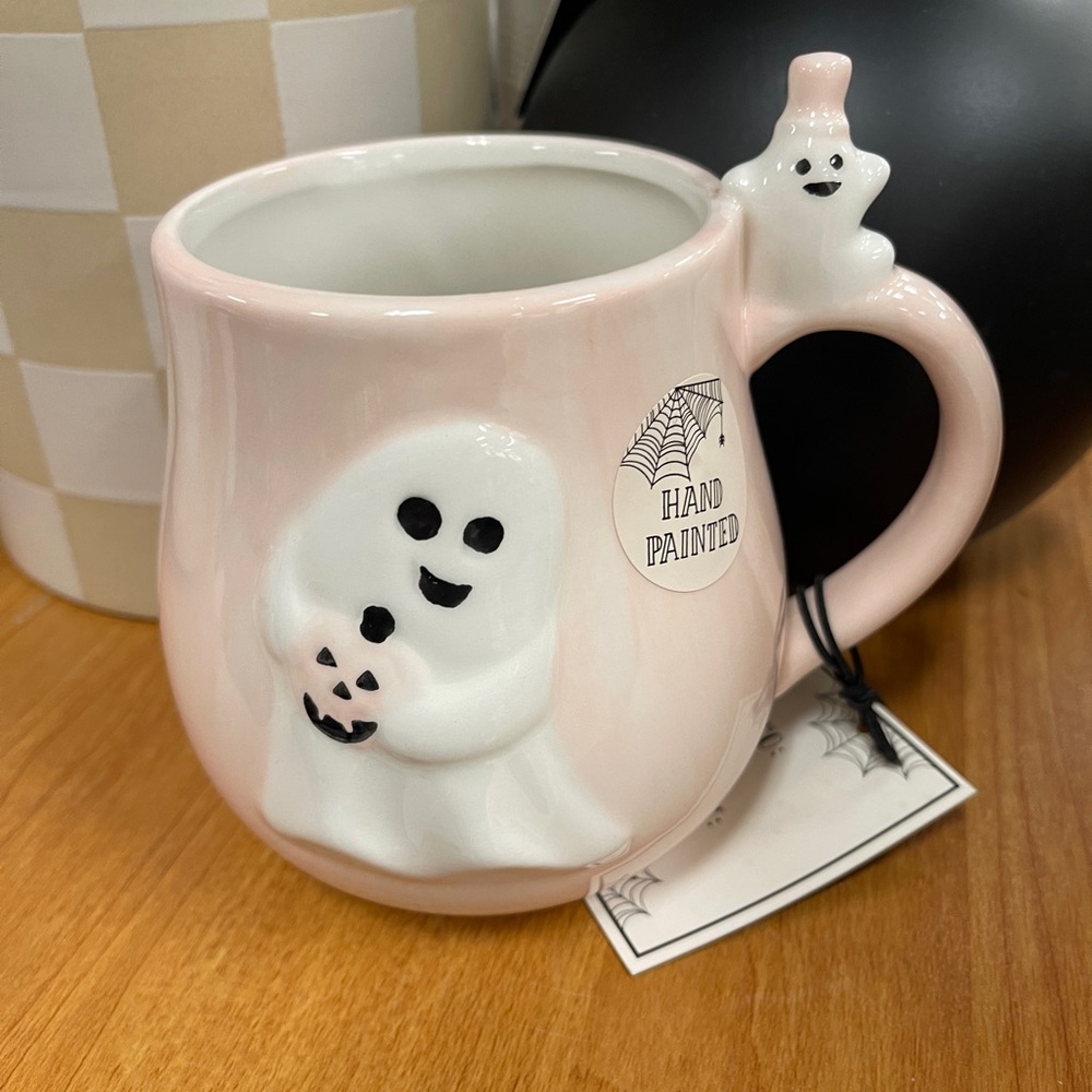 Halloween Pink Ghost Hand painted Ceramic Coffee Mug w/ Baby ghost Handle NWT